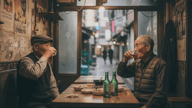 Two elderly friends enjoying drinks together