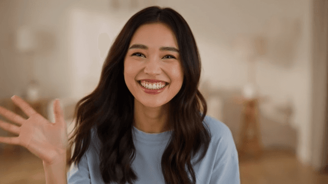 손짓하며 밝게 웃는 여성