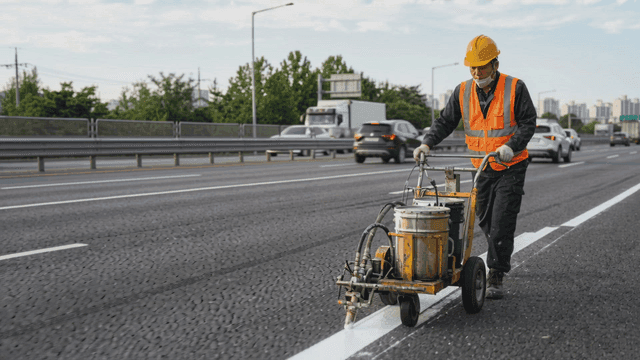 Worker painting road lines on a highway
