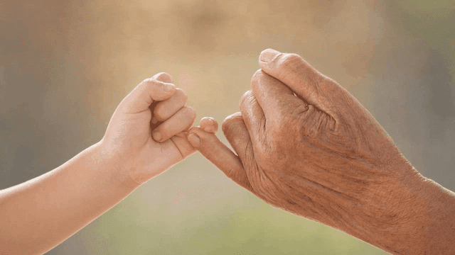 Image of child's and old person's fingers connected