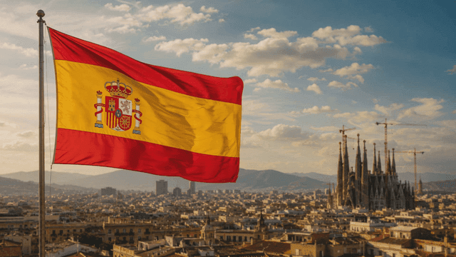 Spanish flag waving over cityscape