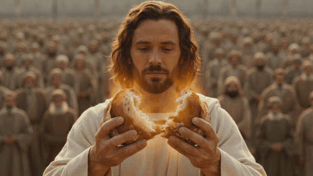 Jesus holding and sharing bread