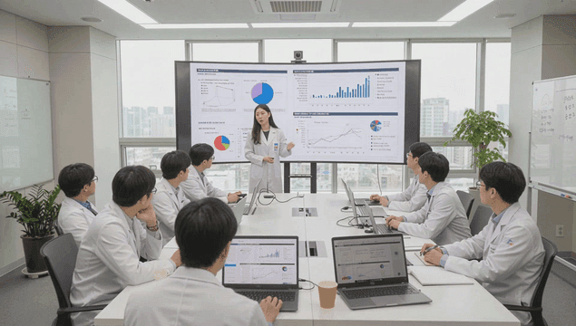 회의실에서 회의 중인 의료 과학 전문가들