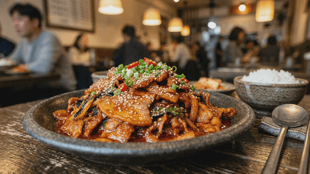 Spicy stir-fried pork served on plate at restaurant