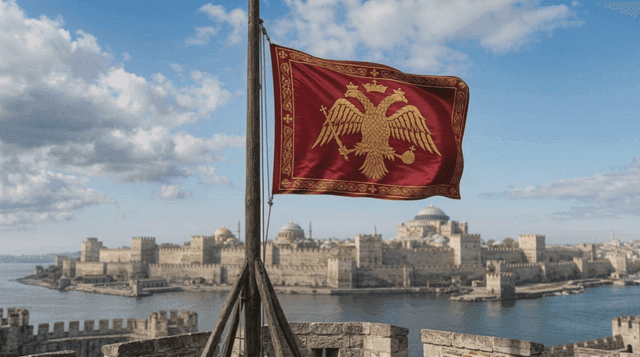 Historic castle with Byzantine Empire flag flying