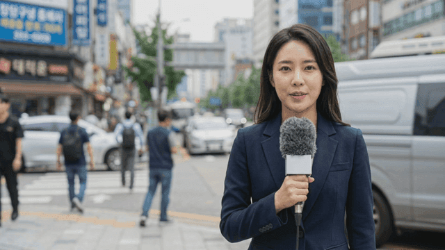 Reporter on busy city street