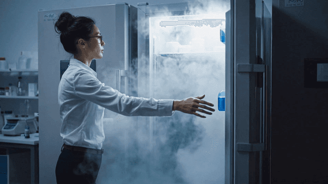 Female scientist opening cryogenic storage unit