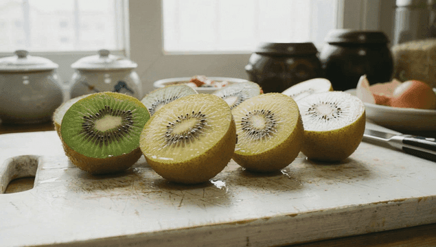 나무 도마 위에 놓인 키위 단면