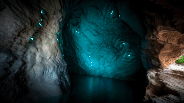 Mysterious cave with glowing butterfly lights
