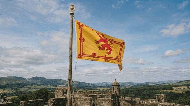 A flag waving over a historic cityscape