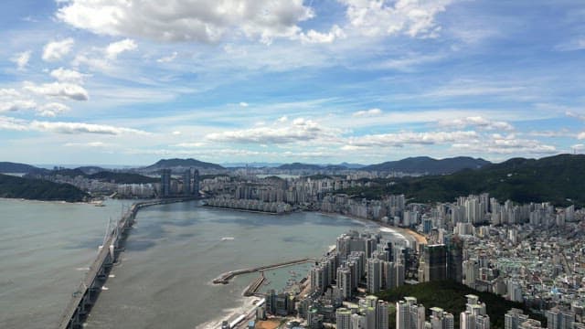 다리와 바다가 있는 광활한 도시 풍경