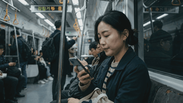 Woman using smartphone on subway