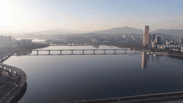 City skyline with rivers and bridges