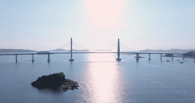Bridges and islands on calm sea