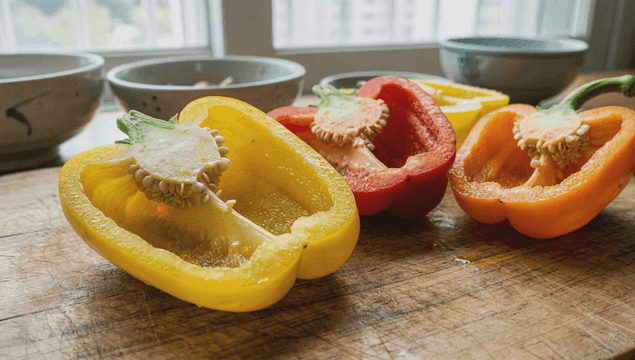 나무 도마 위의 다양한 색상의 피망