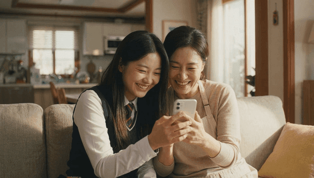 Mother and daughter smiling while looking at their cell phones
