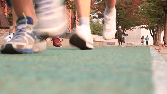 공원 트랙에서 조깅하는 사람들