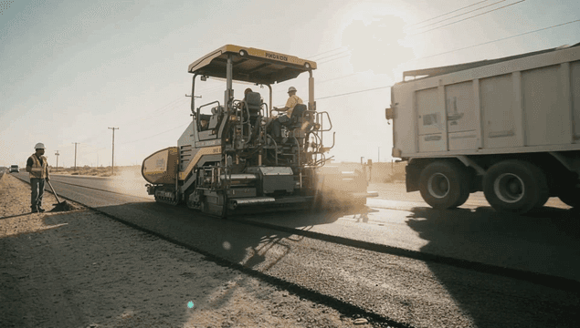 Road construction with machinery and workers