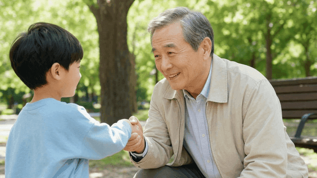 Grandfather and child shaking hands in a park