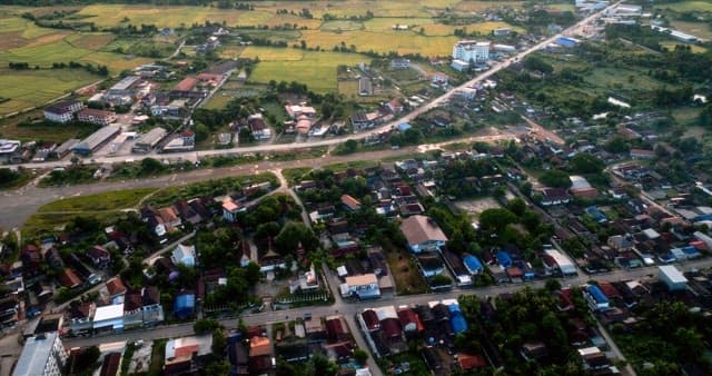 Aerial View of a Rural Town at Dusk