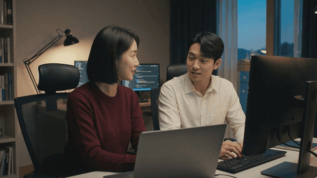 Two colleagues discussing work at a desk