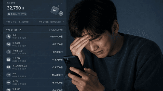 휴대폰으로 잔액을 확인하고 절망하는 남성