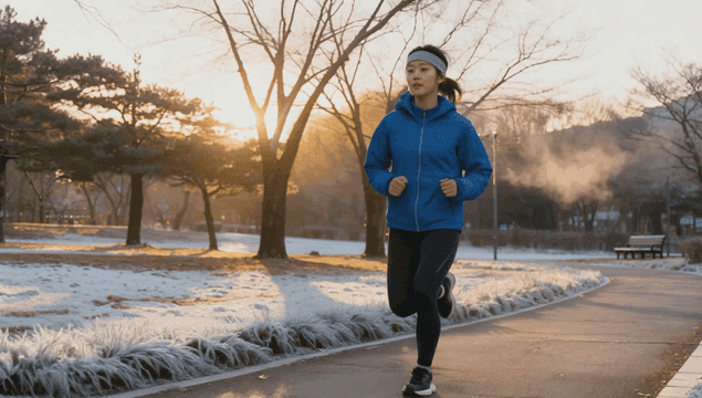 해 뜨는 공원에서 조깅하는 여성