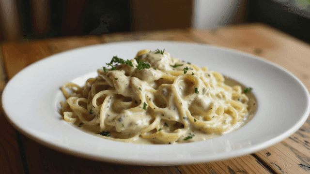 Creamy pasta with herbs on a wooden table