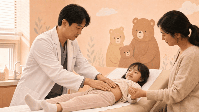 Doctor examining mother and girl
