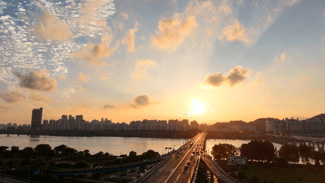 Sunset over a city skyline and river