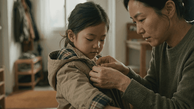 Mother putting coat on little girl