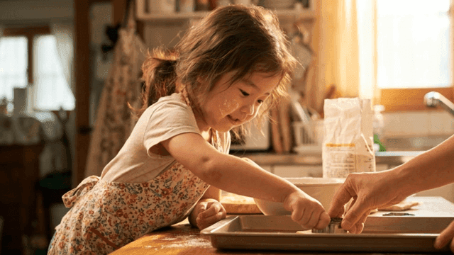 Girl making dough with cookie cutters in cozy kitchen
