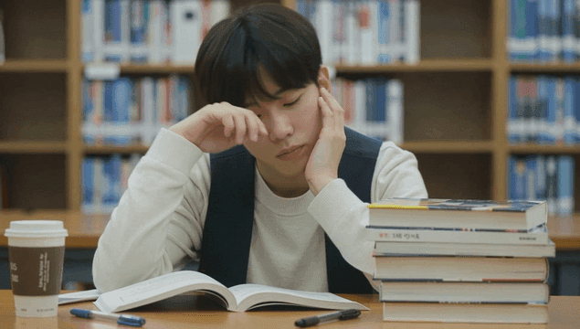 도서관에서 공부하는 대학생