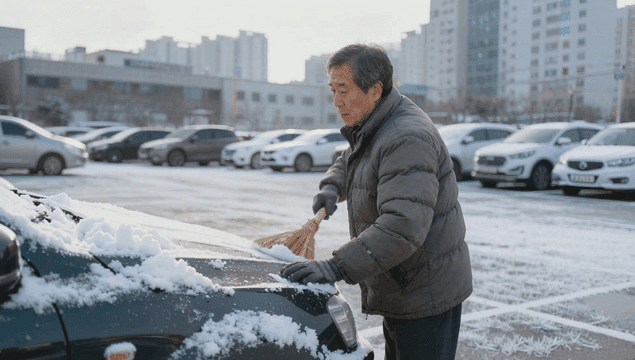 Elderly man clearing snow from his car in parking lot
