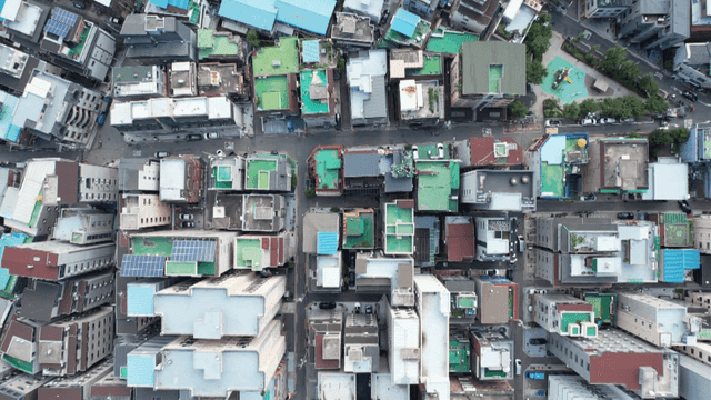 밀집된 주택가 지역의 항공 뷰