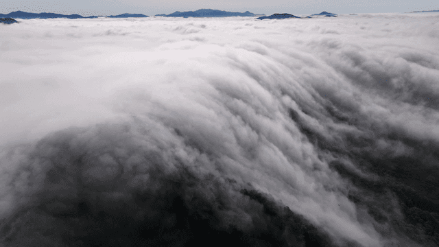 Clouds cascading over a forested mountain