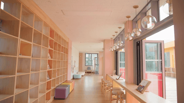 Bright and colorful school hallway