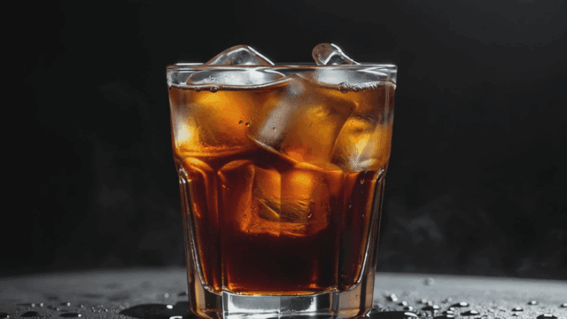 젖은 표면 위의 아이스 커피 한 잔