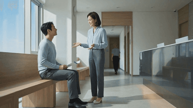 Two people talking in bright hospital hallway