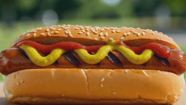 Hot dog topped with mustard and ketchup