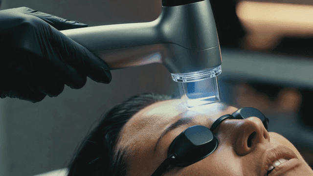 Laser treatment on a woman's forehead