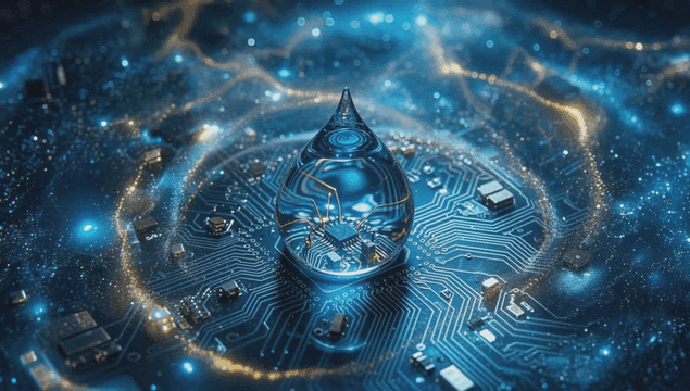 회로 기판 위의 빛나는 물방울