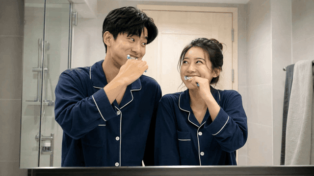 Couple brushing their teeth together in pajamas