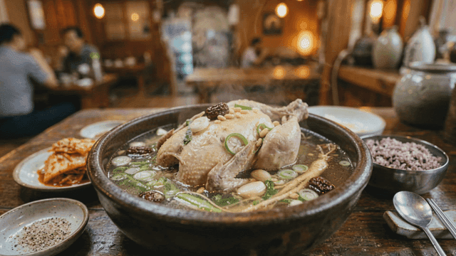 Steaming samgyetang served with side dishes