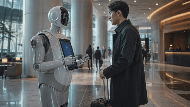 A man interacting with a robot in a modern lobby