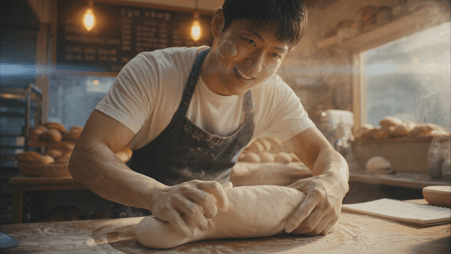Baker making dough in cozy bakery