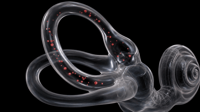 Transparent cochlea with red particles