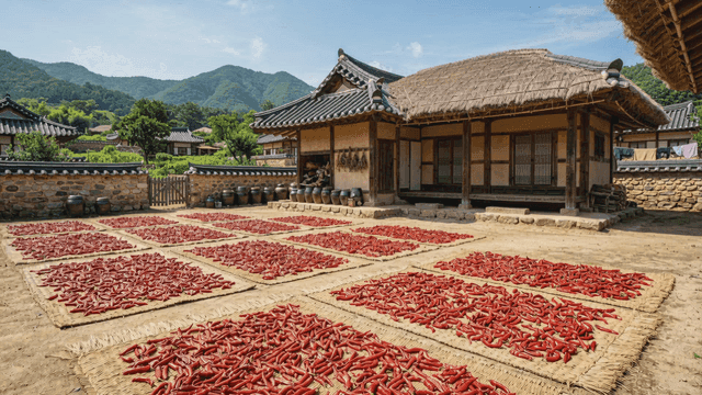 Traditional Hanok drying chili peppers in courtyard