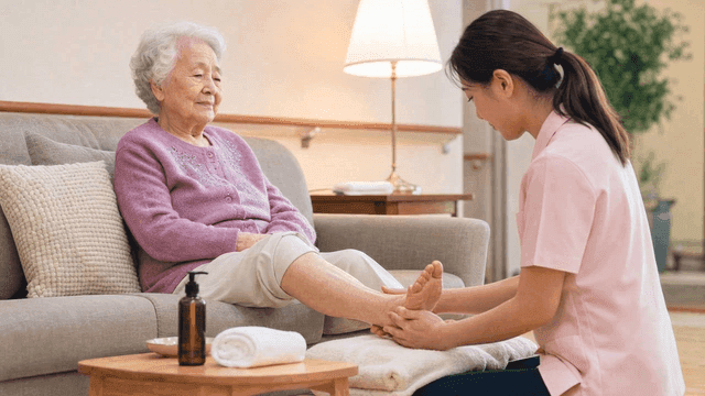 Elderly people receiving foot massages at nursing home