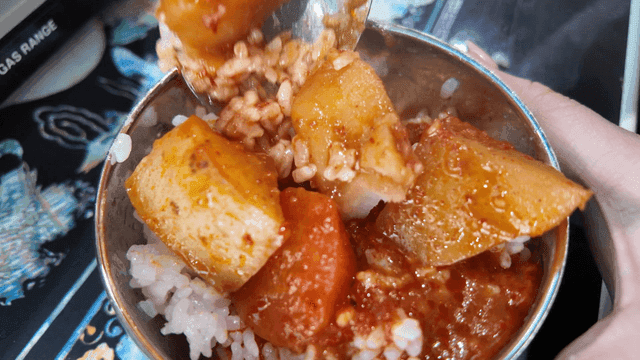 Spicy braised chicken with potatoes and carrots mixed with rice